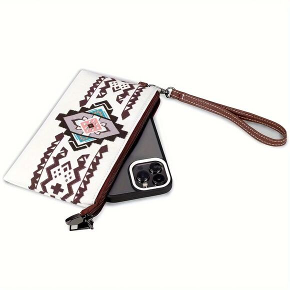 Bohemian Canvas Tote Bag Turquoise Aztec Print Set with Wristlet NWT Ethnic - Picture 7 of 8